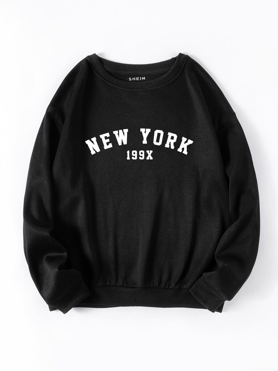 SHEIN EZwear Letter Graphic Thermal Pullover - Black - View 1