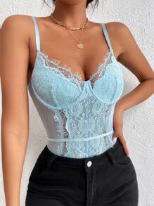 SHEIN Allurite 網紗拼接睫毛蕾絲吊帶連體衣 - 淺藍色 - 查看 3