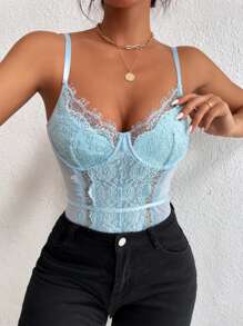 SHEIN Allurite 網紗拼接睫毛蕾絲吊帶連體衣 - 淺藍色 - 查看 4