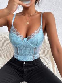 SHEIN Allurite 網紗拼接睫毛蕾絲吊帶連體衣 - 淺藍色 - 查看 5