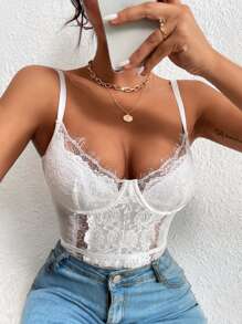 SHEIN Allurite Contrast Mesh Eyelash Lace Cami Bodysuit For Holiday Party Clothes - White - View 5