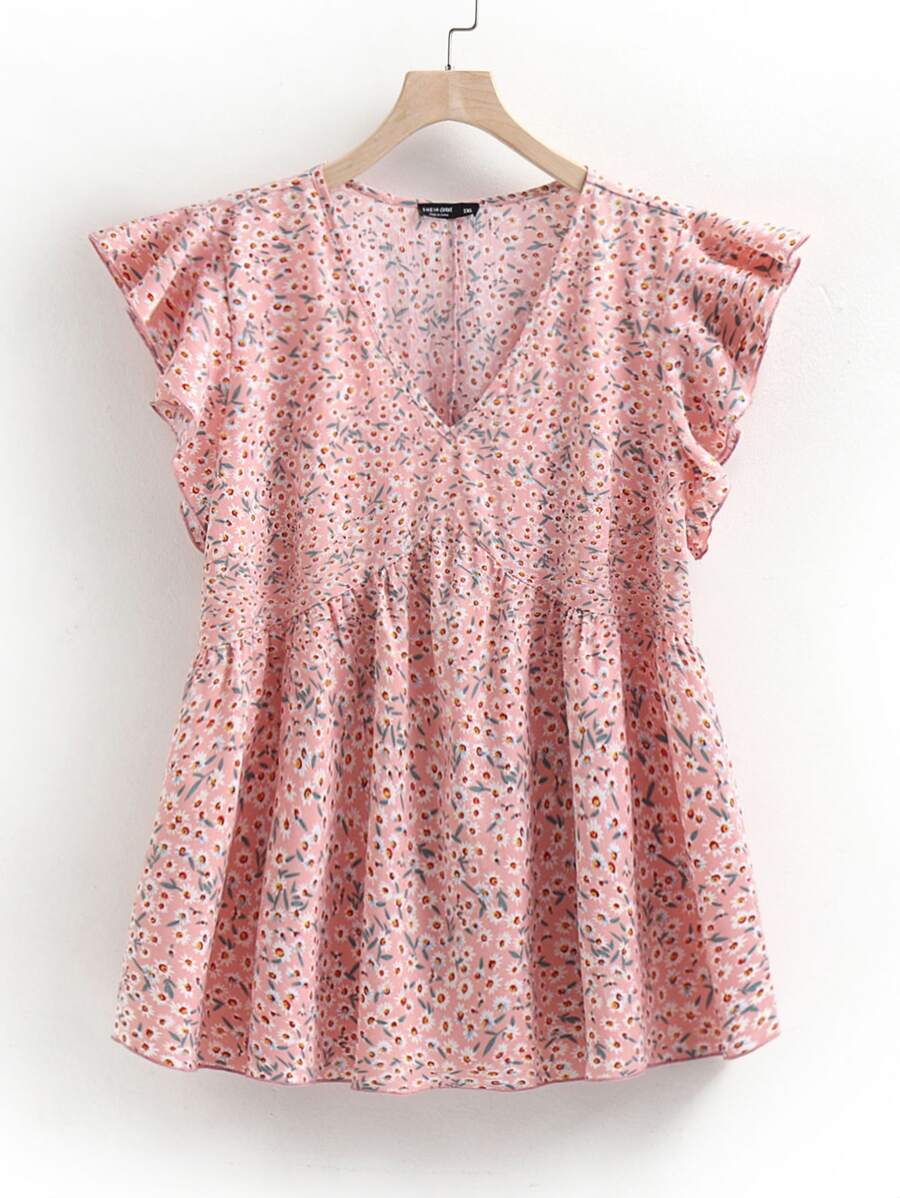 Flirla Blusa con estampado floral de manga mariposa - Rosa - Ver 1