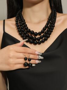 1pc Pearl Decor Multilayer Black Necklace And Earrings Jewelry Set - Black - View 4