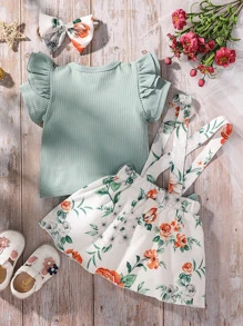 SHEIN 嬰幼兒女童荷葉邊上衣與花卉印花吊帶裙套裝,包含髮帶
