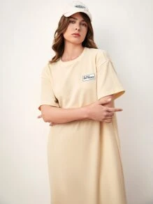 Mulvari Japanese Letter Graphic Drop Shoulder Tee Dress - Apricot - View 4