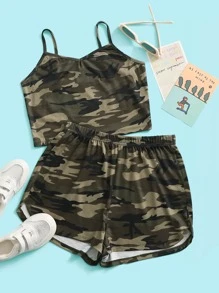 SHEIN 青少年女孩迷彩圖案吊帶上衣和短褲套裝 - 彩色 - 查看 1