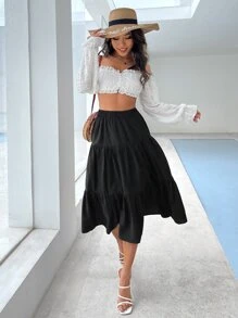 Falda amplia de cintura elástica bajo con fruncido - Negro - Ver 3