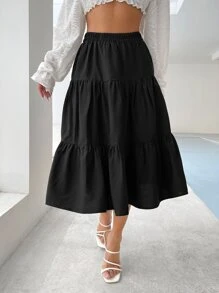 Falda amplia de cintura elástica bajo con fruncido - Negro - Ver 4