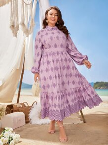 Mulvari Plus Argyle Print Lantern Sleeve Ruffle Hem Dress - Multicolor - View 1