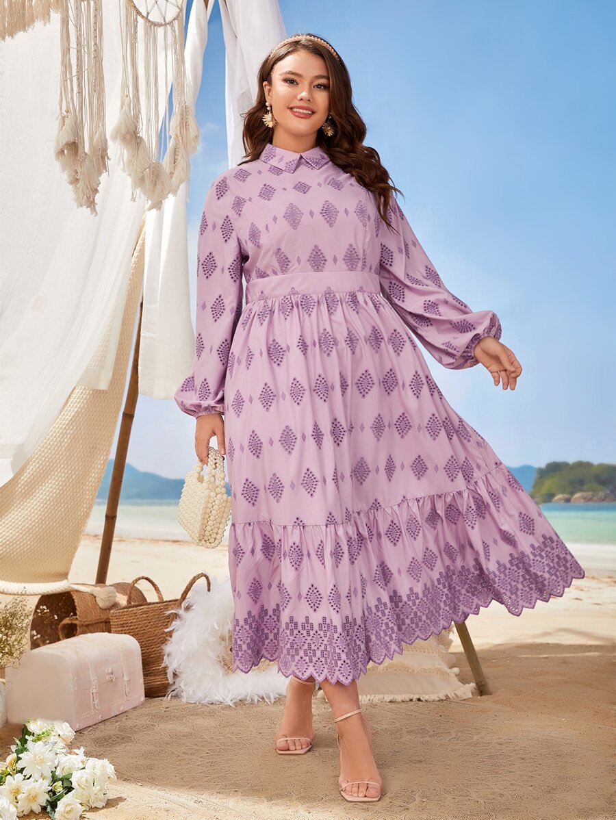 Mulvari Plus Argyle Print Lantern Sleeve Ruffle Hem Dress - Multicolor - View 1