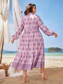 Mulvari Plus Argyle Print Lantern Sleeve Ruffle Hem Dress - Multicolor - View 2