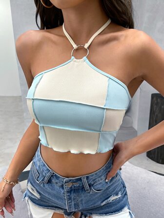 Top halter corto ribete en forma de lechuga con diseño de aro O de espalda abierta con cordón de color combinado