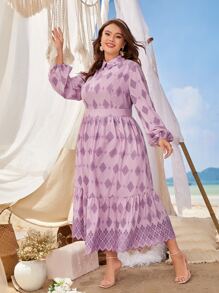 Mulvari Plus Argyle Print Lantern Sleeve Ruffle Hem Dress - Multicolor - View 3