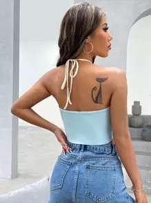 SHEIN EZwear Lettuce Trim O-ring Detail Tie Backless Colourblock Crop Halter Top - Blue and White - View 2