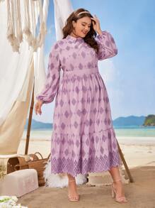 Mulvari Plus Argyle Print Lantern Sleeve Ruffle Hem Dress - Multicolor - View 4