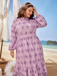 Mulvari Plus Argyle Print Lantern Sleeve Ruffle Hem Dress - Multicolor - View 5