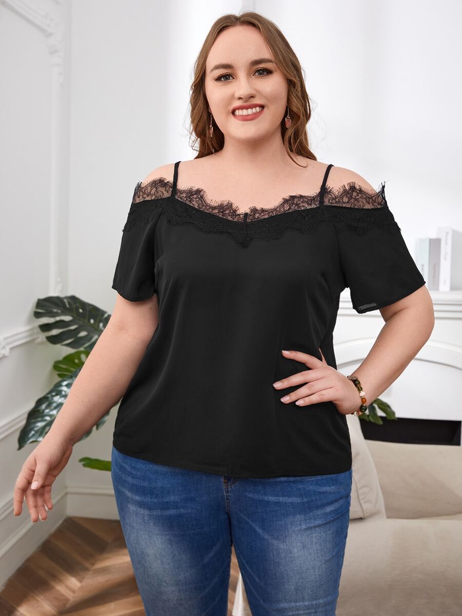 SHEIN Plus Cold Shoulder Eyelash Lace Panel Blouse - Black - View 1