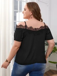 SHEIN Plus Cold Shoulder Eyelash Lace Panel Blouse - Black - View 2