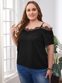 SHEIN Plus Cold Shoulder Eyelash Lace Panel Blouse - Black - View 3