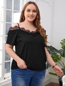 SHEIN Plus Cold Shoulder Eyelash Lace Panel Blouse - Black - View 5