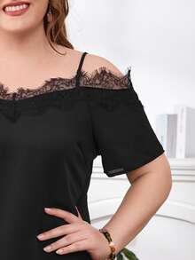 SHEIN Plus Cold Shoulder Eyelash Lace Panel Blouse - Black - View 6