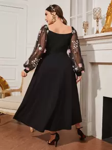 Modelyn Plus Floral Embroidered Applique Mesh Bishop Sleeve Dress Without Belt Long Evening Dresses - Black - View 2