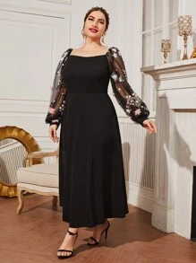 Modelyn Plus Floral Embroidered Applique Mesh Bishop Sleeve Dress Without Belt Long Evening Dresses - Black - View 3
