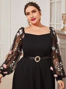 Modelyn Plus Floral Embroidered Applique Mesh Bishop Sleeve Dress Without Belt Long Evening Dresses - Black - View 4