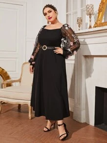 Modelyn Plus Floral Embroidered Applique Mesh Bishop Sleeve Dress Without Belt Long Evening Dresses - Black - View 5