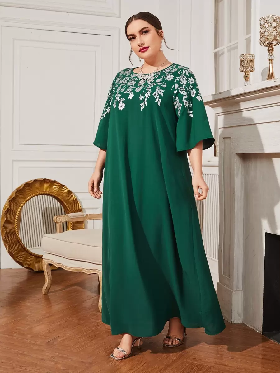 Al Najma Đầm Plus Size Hoa Boho - Màu xanh lá cây đậm - Xem 1
