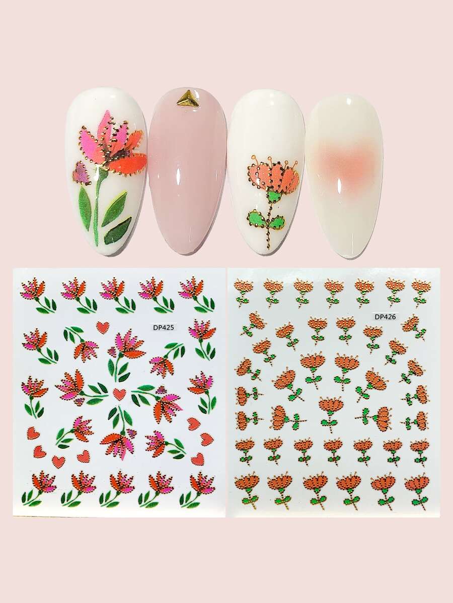 兩張花卉圖案美甲貼紙 - 彩色 - 查看 1