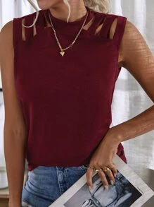 Keyhole Back Cutout Detail Tank Top - Burgundy - View 5