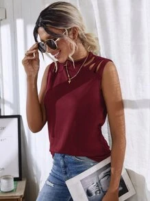 Keyhole Back Cutout Detail Tank Top - Burgundy - View 6