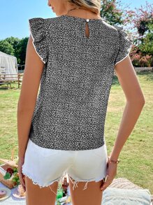 Contrast Lace Leopard Print Ruffle Sleeve Blouse - Black and White - View 2