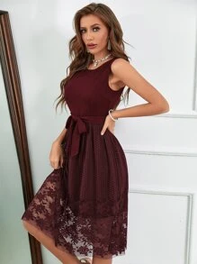 SHEIN Clasi Vestido largo con panel de malla y cinturón para mujeres - Granate - Ver 6