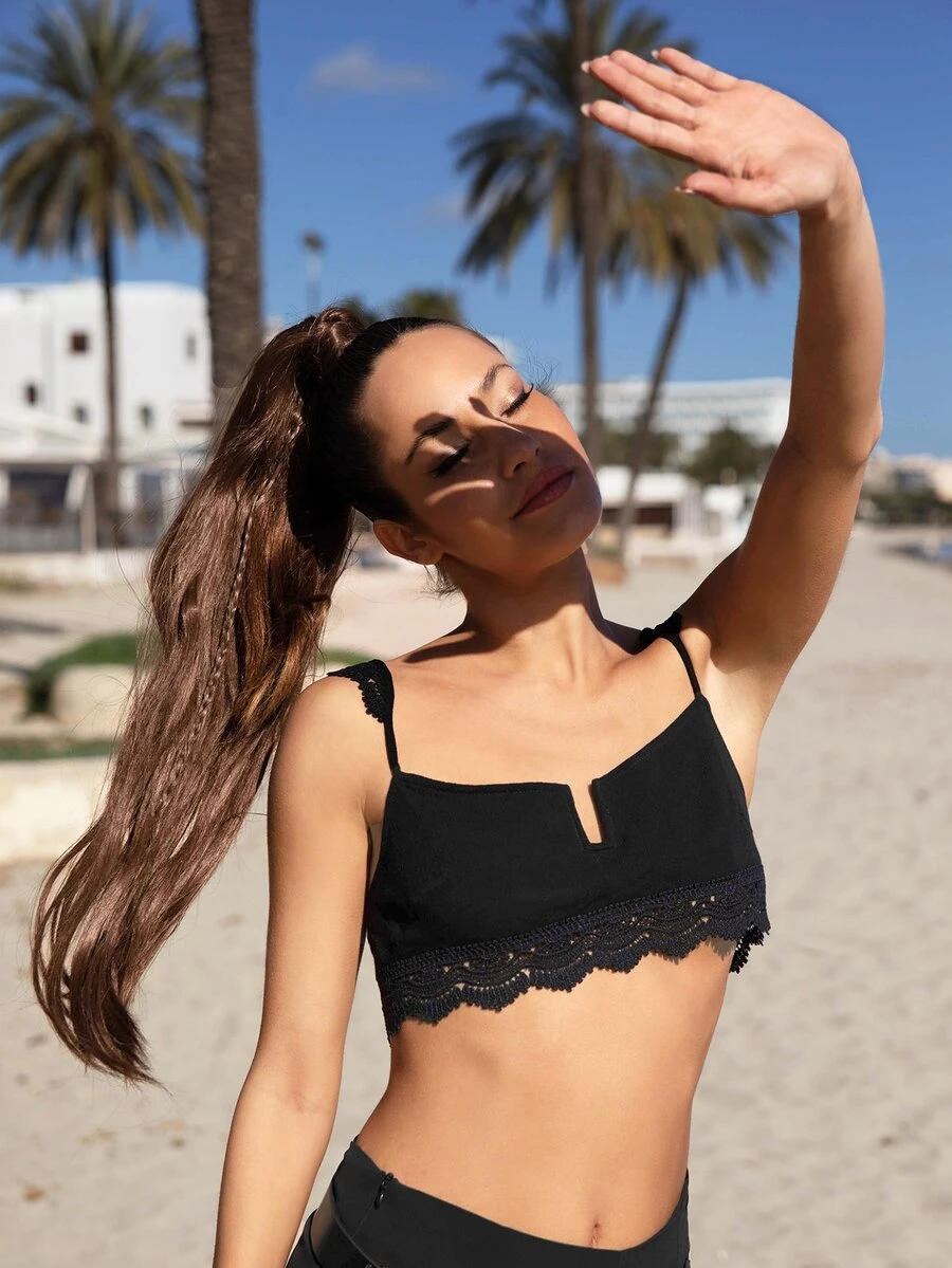 SHEIN 蕾絲拼接後拉鏈短款上衣 - 黑色 - 查看 1