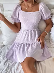 SHEIN Holidaya Vestido con hombros descubiertos, manga abullonada, volantes en el bajo y estampado de lunares para vacaciones y playa, para mujer - Lila Púrpura - Ver 6