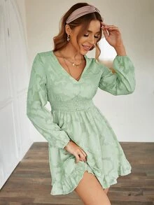Simplee Shirred Waist Ruffle Hem Jacquard Floral Applique Dress - Mint Green - View 5
