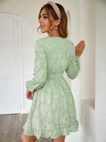 Simplee Shirred Waist Ruffle Hem Jacquard Floral Applique Dress - Mint Green - View 2