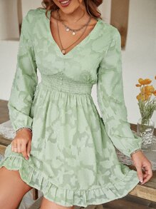 Simplee Shirred Waist Ruffle Hem Jacquard Floral Applique Dress - Mint Green - View 7