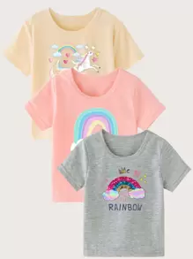 SHEIN 少女時尚休閒萌趣卡通字母印花短袖圓領T恤，三件套裝 - 彩色 - 查看 1