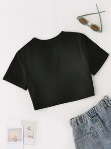 SHEIN 1pc Fashionable Mushroom Printed Cropped T-Shirt, Round Neck, Suitable For Beach Vacation, Tween Girls - Black - View 2