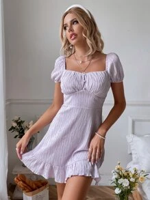 Vestido con textura pecho con fruncido de manga farol bajo con fruncido - Lila Púrpura - Ver 1