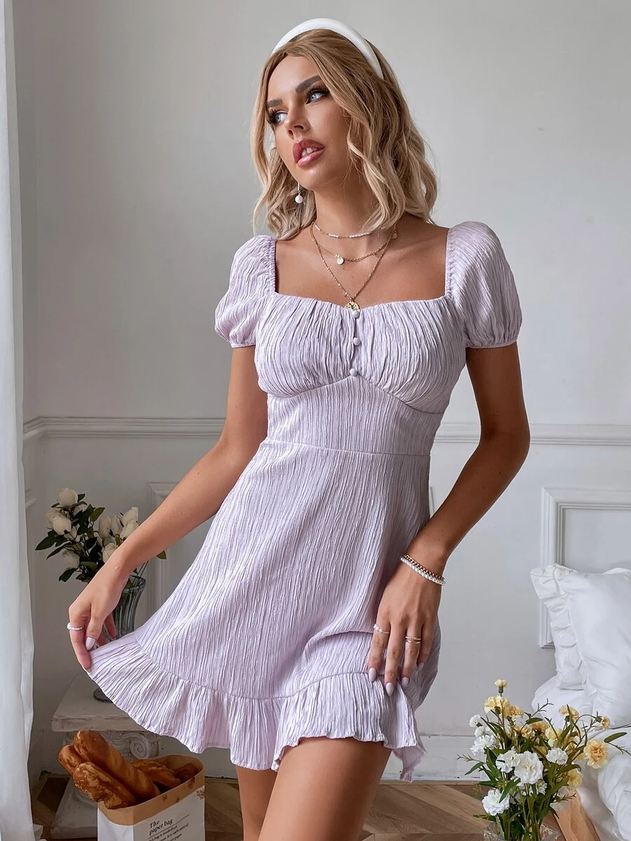 Vestido con textura pecho con fruncido de manga farol bajo con fruncido - Lila Púrpura - Ver 1