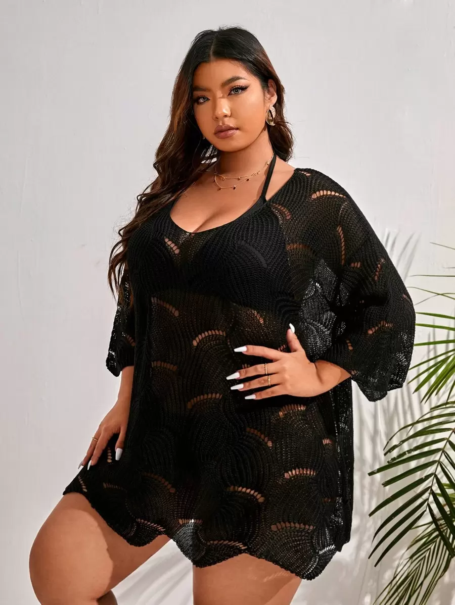 Swim Vcay Plus Size Plain Knitted Cover Up Summer - Black - View 1