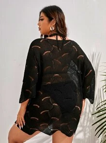Swim Vcay Plus Size Plain Knitted Cover Up Summer - Black - View 2