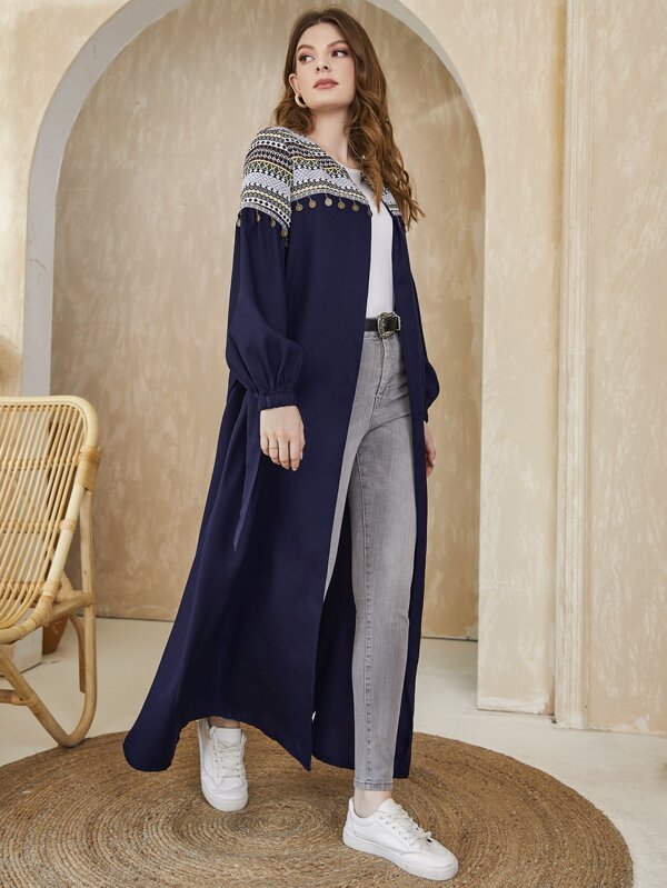 Al Najma Geo Print Metal Detail Lantern Sleeve Belted Modest Long Sleeve Abaya