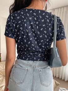 DAZY Ditsy Floral Print Surplice Neck Tee - Navy Blue - View 5