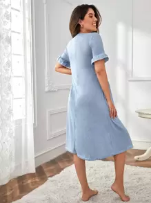 SHEIN 孕婦對比花邊波浪袖睡裙，適用於孕婦 - 淺藍色 - 查看 2