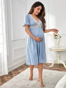 SHEIN 孕婦對比花邊波浪袖睡裙，適用於孕婦 - 淺藍色 - 查看 4